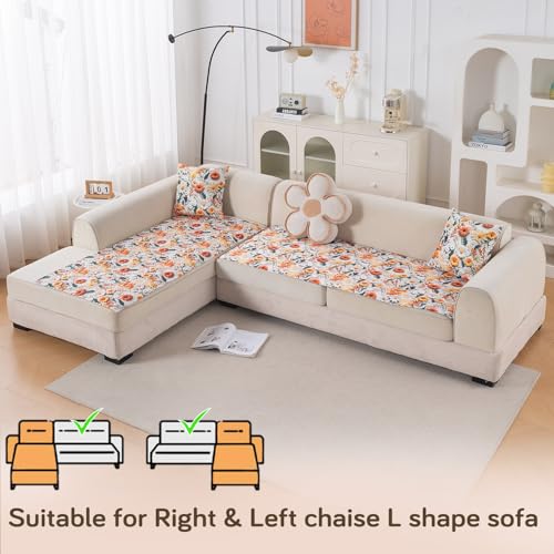 Image of HOKIPO 'Nature Muse' Premium HD Printed Holland Velvet L Shape (2+2 Seater) Sofa Cover Seat Mat, Marigold Bloom (IN-915-D7 + IN-916-D7)