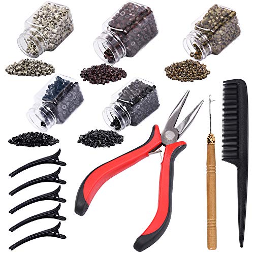 2500 Pcs Micro Links Beads and Hair Extension Kit, Pliers Pulling Hook Bead Device Tool Silicone Micro Link Rings Micro Lined Beads for Hair Extension Tool