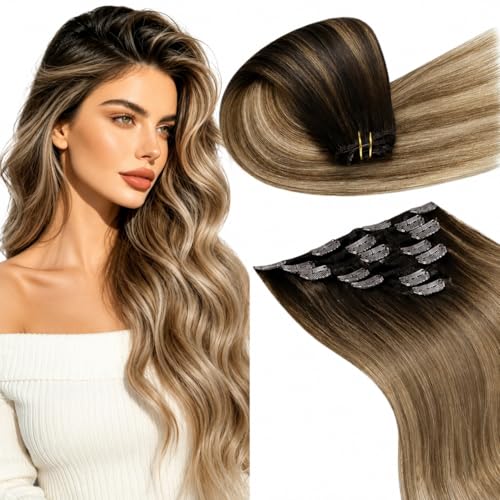 Image of LaaVoo Clip In Hair Extensions, For Festival, 22 Inch | Darkest Brown Balayage Merged Chestnut Brown Ash Blonde, 120g 7pcs, Hair Extensions Clip Ins, Smooth, Natural Shine