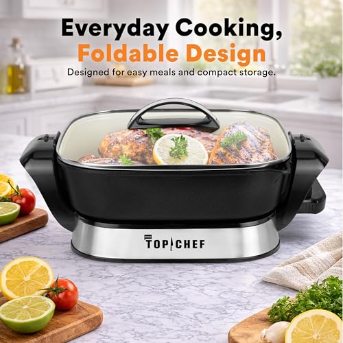Top Chef 11.4" Space-Saving Electric Skillet with 1200W Fast Heating, Nonstick Interior, Glass Lid, Adjustable Temperature Control, Pour Spout and Folding Handles by Bravo TV - Image 2