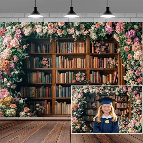 10X8FT Bookshelf Flower Photography Backdrop Vintage Bookcase Magic Books Ancient Library Wall Background Flower Girl Kids Birthday Party Decorations Kindergarten Graduation Banner Photo Booth Props