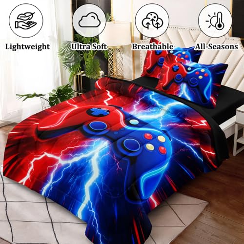 HICAND Gamer Full Bedding Sets for Boys Teen, 3 Pcs Full Size Gaming Comforter Set for Boys,Red Blue Lightnings Full Szie Bedding Set — view 4