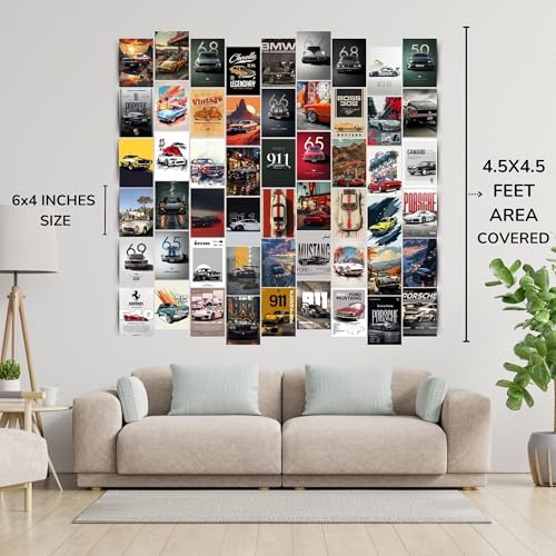 Image of Posters Inc 54 Pcs Vintage Super Cars Posters for Wall Art Collage Kit, Car Pictures and Photos for Room Decor Aesthetic, Small Mini Gaming Poster 300 GSM Matte Paper A6 Size 4x6 Inch with Glue Dots