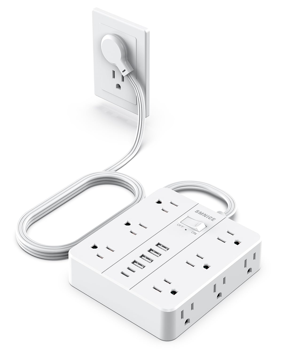 Power Strip Flat Plug with 12 Outlets 6 USB(2 USB C),SMNICE Surge Protector Charging Station with Overload Protection,5ft Extension Cord Widely Spaced Multiple Outlets for Home Office Dorm Essentials