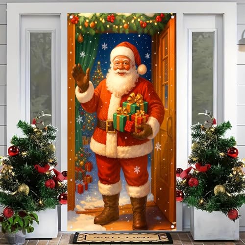 Image of BlissYard Door Cover Christmas Santa Wrapped Boxes 35x71 Inch Polyester
