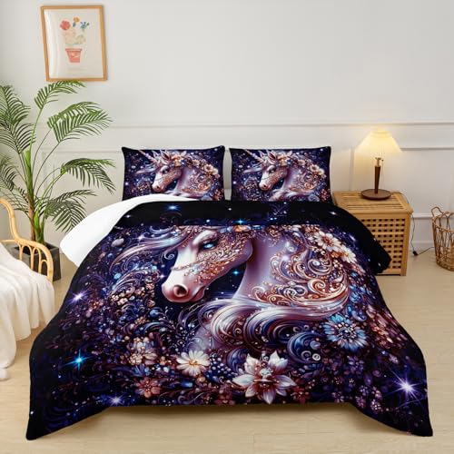 Image of Black Unicorn Comforter Set King Size,Unicorn Floral King Bedding Set for Girls,Unicorn Quilt Panel,with 1 Comforter with 2 Pillow Case