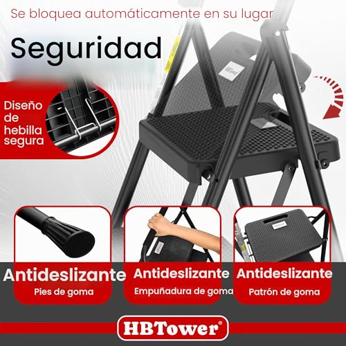 Miniatura 2 de Hbtower Escalera 3 Peldaños Plegable, Peldaños Antideslizantes Con Asas Cómodas, Escalera Portátil De Acero, Negra