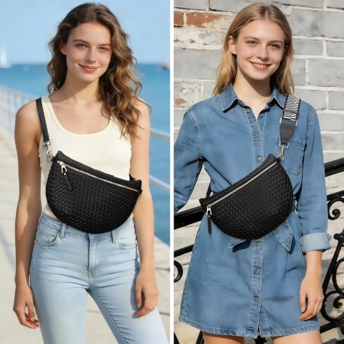 LANALULU Woven Leather Corssbody Bags for Women Medium Checkered Fanny Pack Bum Bags Trendy Adjustable Strap Shoulder Sling Bag for Travel, Festivals Black White — view 3