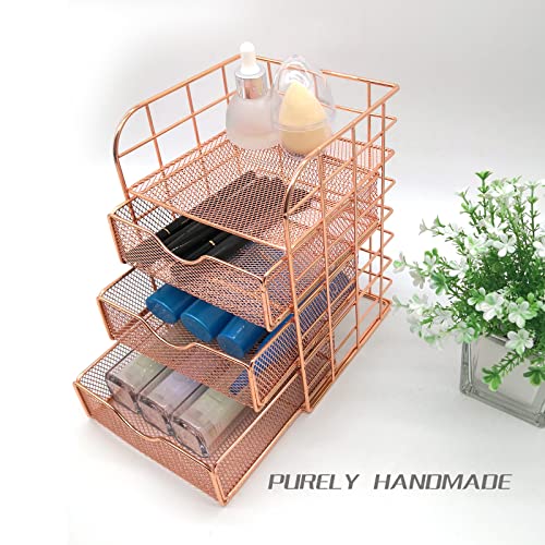 Rose Gold Mesh Desktop Organizer, Multifunctional Desktop Organizer, Square Metal Mesh Desktop Accessory With 3 Sliding Drawers And 1 Flat Shelf, Suitable For Office, Home, School, Dressing Room, Etc. #TOP1