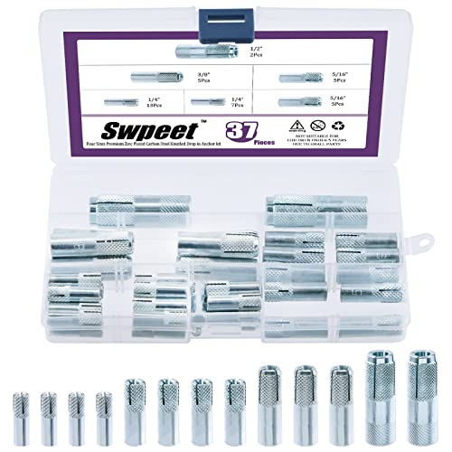 Swpeet 37Pcs 1/4" 5/16" 3/8" 1/2" Premium Zinc Plated Carbon Steel Concrete Knurled Drop in Anchors Assortment Kit, Expansion Screws Internal Forced Expansion Bolts for Solid Concrete