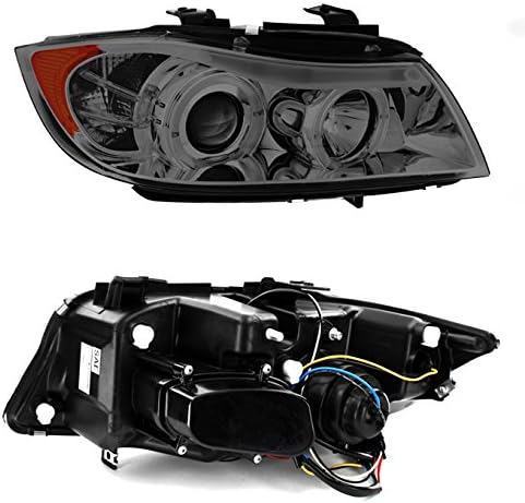 AKKON - For 06-08 BMW E90 3-Series 4Doors Sedan Wagon Smoked Halogen Type Halo Ring LED Eye Lid Projector Headlights