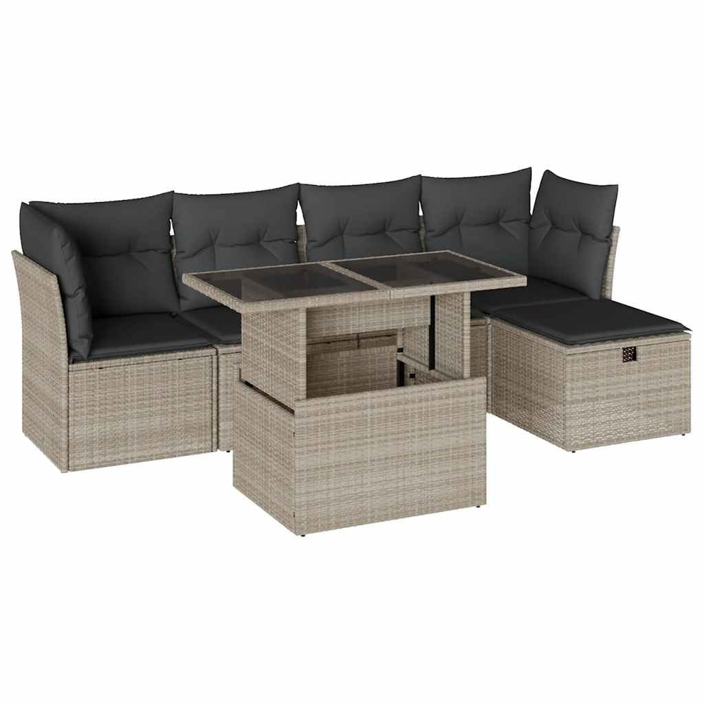 6-TLG. Sofa ogrodowa, jasnoszara, poly rattan, regulowany stół, odporny na działanie promieni UV, modułowy na taras, balkon, na zewnątrz, wygodna poduszka, trwała