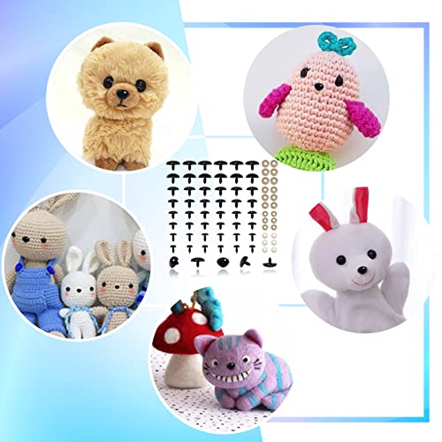 TOAOB 114 Stück Puppennase Sicherheitsnase Kunststoff Craft Nase Schwarz Set 7mm bis 24mm mit Unterlegscheiben für Puppe Marionette