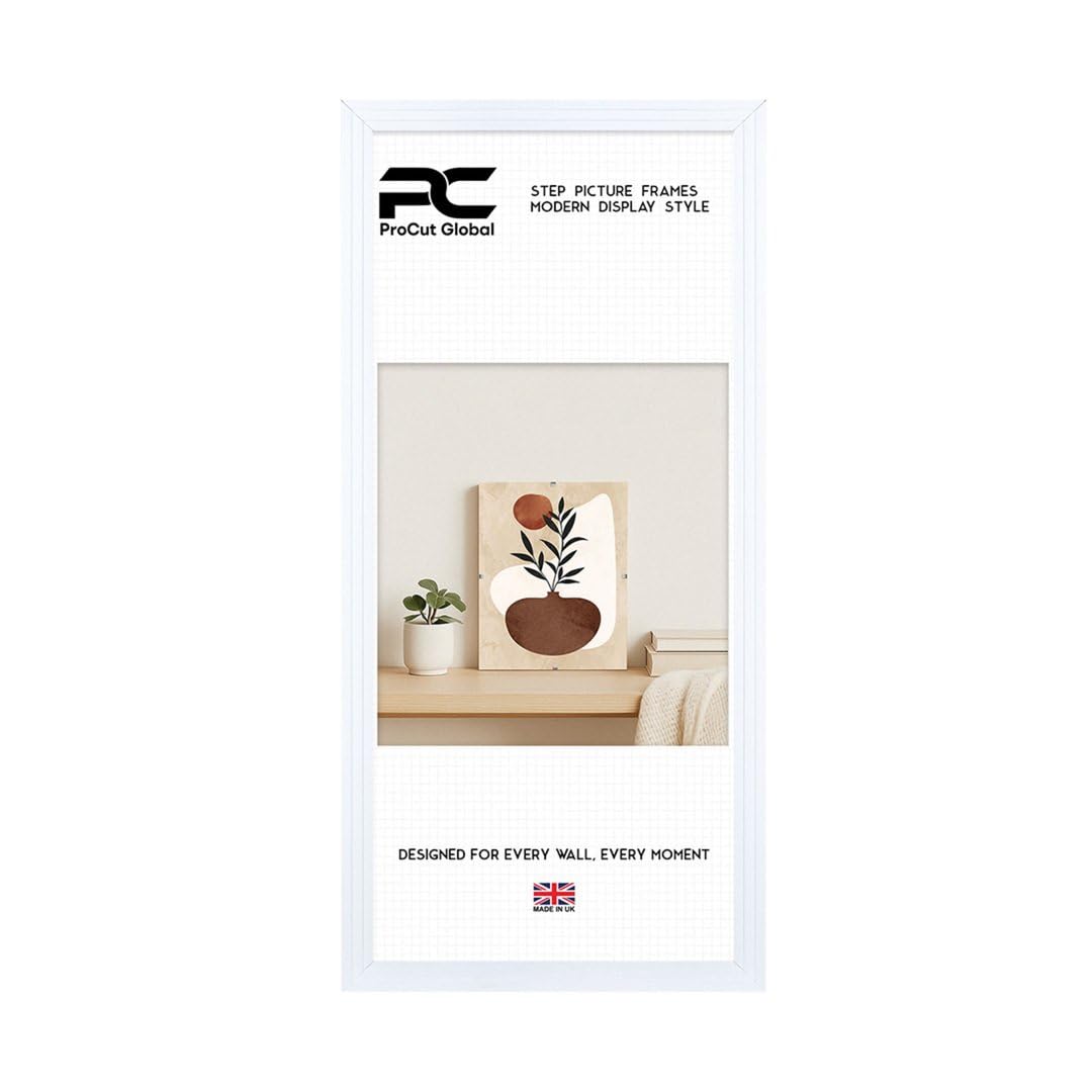 Procut Global 80x40CM White Picture Frames - Modern Step Wooden Photo Frame with Shatterproof Perspex for Wall or Tabletop - Perfect for Posters, Certificates & Prints - Sizes & Colors Available