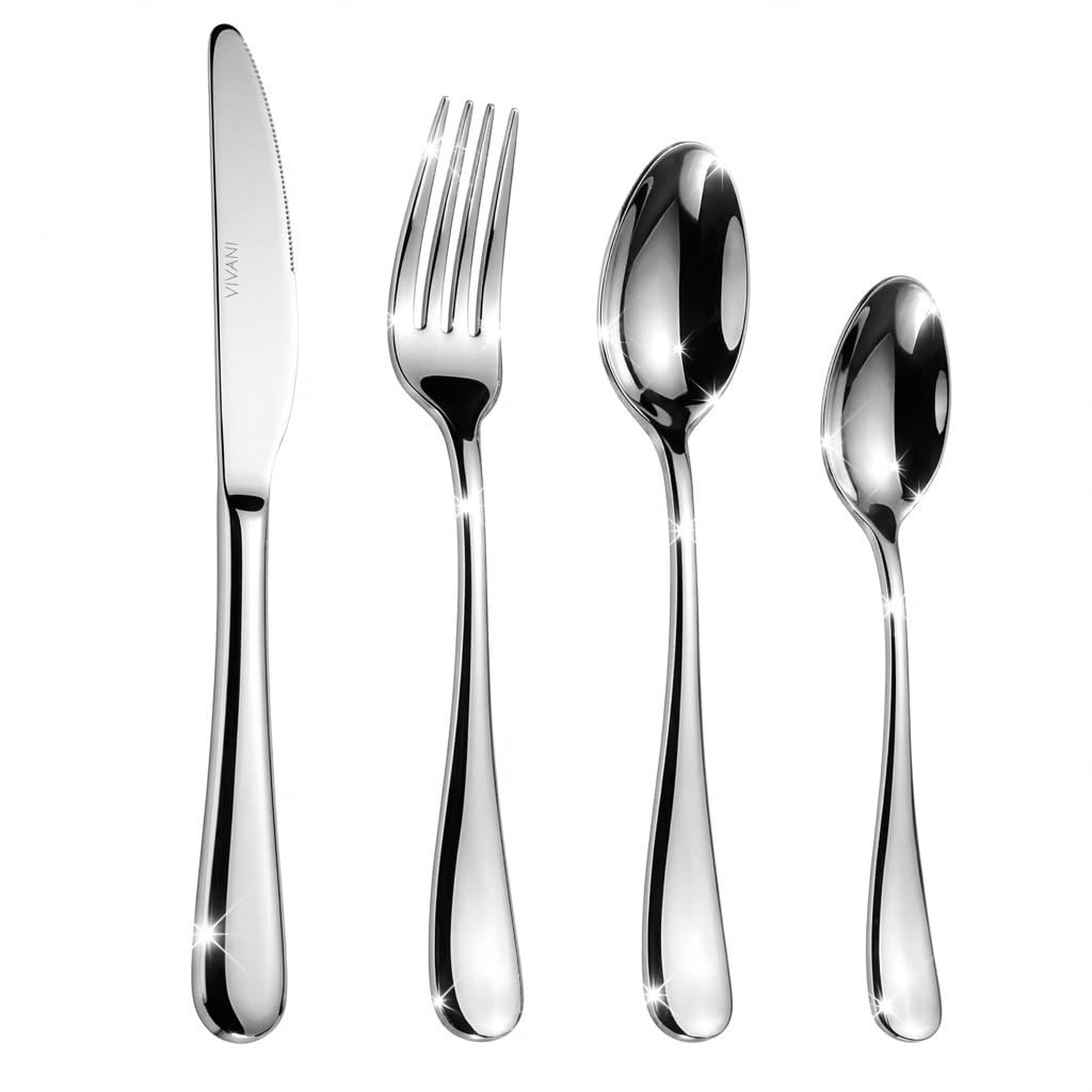 V002 - Pack Juego de cubiertos de acero inoxidable de VIVANI para 4 piezas, Set utensilios de vajilla para bodas, fiestas, hogar, cocina, restaurante, hotel, acabado espejo, apto para lavavajillas