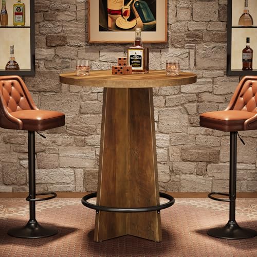 Tribesigns Mesa de Bar Redonda, Mesa Bistro de Madera de 95 cm de Alto con Base y reposapiés de Anillo de Metal para cafetería, hogar, Espacio pequeño, marrón (Solo Mesa)