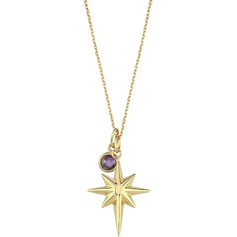 MIONZA 14K Solid Gold North Star Necklace, Dainty Gold Star Pendant, Custom Birthstone Jewelry, Celestial Compass Necklace, Meaningful Gift for Her