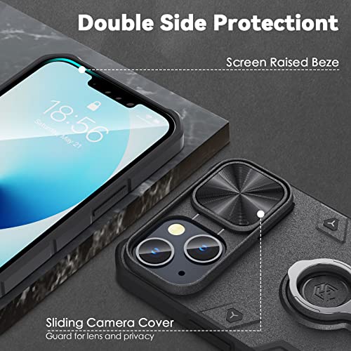 Image of CloudValley Compatible with iPhone 13 Case with Camera Cover & Stand, Slide Lens Protection and Built in 360 Rotatable Ring Holder, Soft Edge Bumper Protective Cases, Black