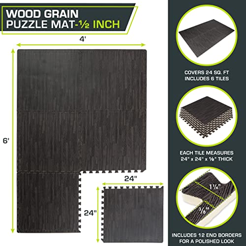 Image of ProsourceFit Wood Grain Puzzle Mat -inch, 6 EVA Foam Interlocking Floor Tiles (24 SQ FT) for Secure Indoor Gym Flooring, Office Spaces, Living Rooms, and Play Areas, Carbon Black