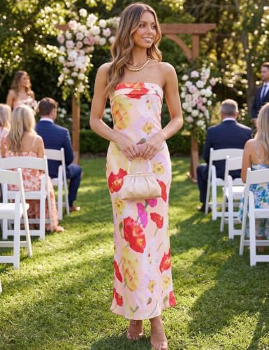Image of Realtix Summer Satin Strapless Backless Maxi Dress for Women Wedding Guest