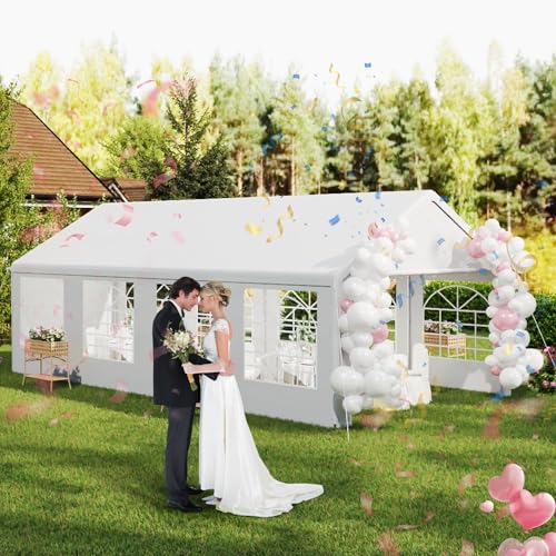 Aufun Tonnelle de qualité supérieure 4 x 8 m - Avec 8 panneaux latéraux amovibles avec fenêtres - Bâche en polyéthylène - Imperméable - Avec cordes de...
