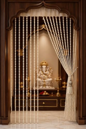 Image of Future Trends Premium Cream Pearl Beaded Curtain 4 x 7 Ft | Decorative Door String Curtain for Entrance, Mandir, Living Room & Room Divider | Hanging Beads Curtain for Home & Festive Decor