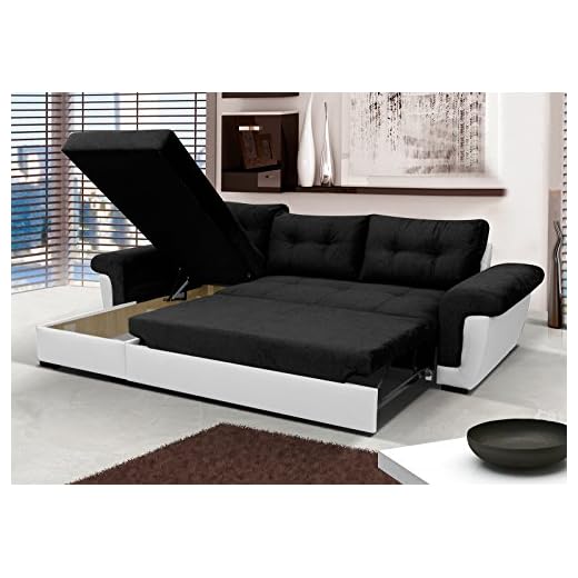 Corner Sofa Bed Black Soft Fabric/White PVC. Double Bed, Large Storage.