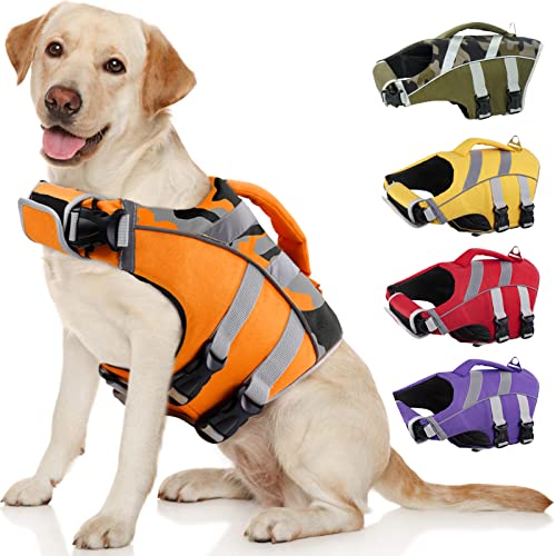 Kuoser High Visibility Dog Life Jacket with Reflective Stripes, Adjustable Ripstop Pet Life Preserver Swimsuit for Small, Medium and Large Dogs XL (Chest Girth:25.9-33.4'') 4#OrangeCamo