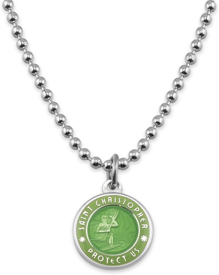 Get Back Necklaces St. Christopher Surf Necklace | Small, ½” Silver Plated Medallion, 18” Aluminum Ball Chain