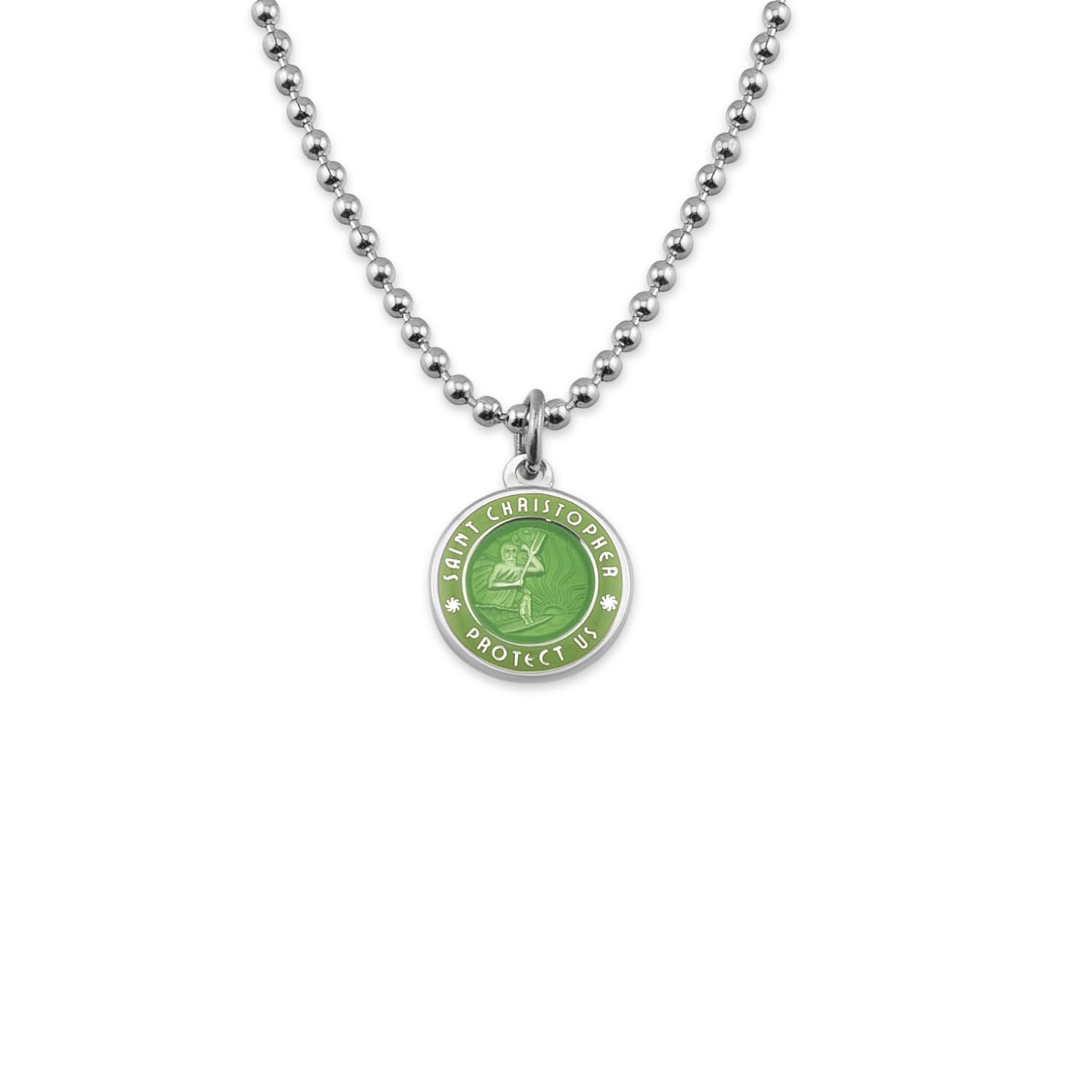Get Back Necklaces St. Christopher Surf Necklace | Small, ½” Silver Plated Medallion, 18” Aluminum Ball Chain