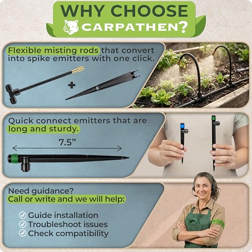 Image of CARPATHEN Drip Irrigation System Kit - Pressure Optimised Garden Watering System w 15pcs 360 Atomizing Nozzles, 16 Adjustable Drip Emitters 5 /16 and 1 /4 Tubing - Complete Watering Spray System
