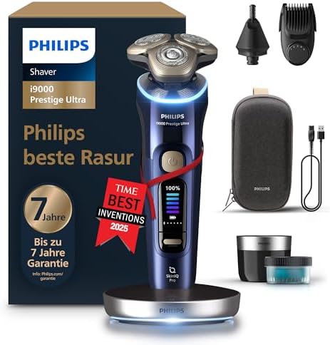 Philips Rasierer i9000 Prestige Ultra, Nass- und Trockenrasierer für Herren, Druck- und Bewegungssensor, 5+1 Bartstyler, Nasenhaartrimmer, Reinigungsstation, Ladestation, Reiseetui