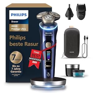 Philips Rasierer i9000 Prestige Ultra, Nass- und Trockenrasierer für Herren, Druck- und Bewegungssensor, 5+1 Bartstyler, Nasenhaartrimmer, Reinigungsstation, Ladestation, Reiseetui, Modell XP9401/38