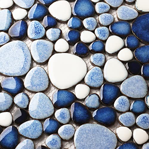 Parrotile Aegean Sea Random Pebbles Ceramic Tile Blue And White Mosaic Sheets For Shower Floor Wall Accent Backsplash Pt89 (Box Of 5 Sheets) #TOP7