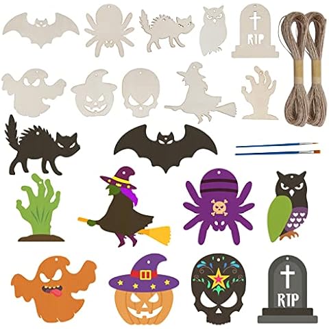 SUNYOK Halloween Crafts for Kids 30 Pcs Halloween Wooden Hanging Ornaments Wooden Slices Arts and Crafts for Kids Halloween Decoration DIY Activities Supplies Cover