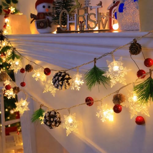 Image of 2M Pinecone String Lights with Red Berries Snowflake,Battery Operated,A