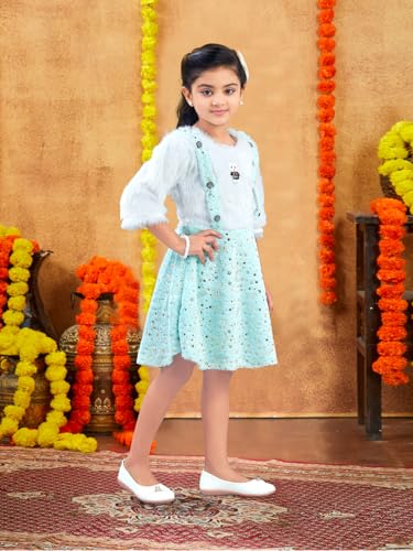 Image of Aarika Girls Turquoise Colour Foil Print Winter Woolen Frock