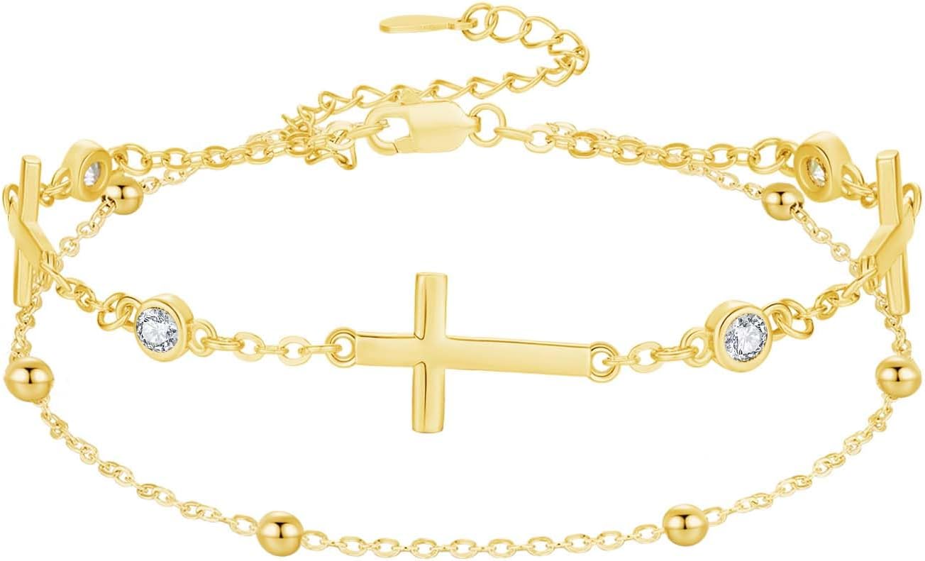 Midir&Etain Faith Cross Bracelet 925 Sterling Silver Gold Rosary Layered Anklet Religious Christian Jewelry Gifts for Women