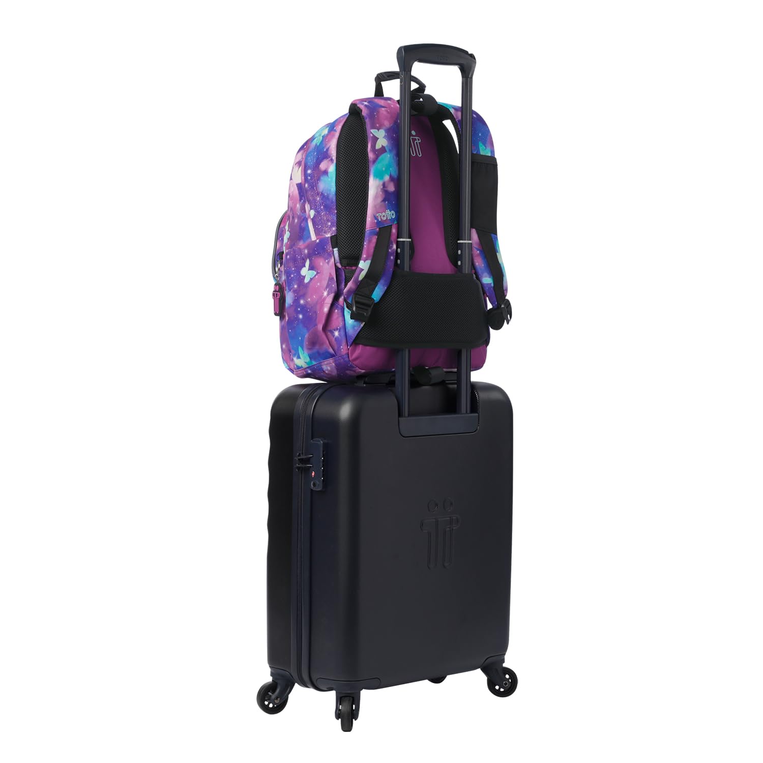 TOTTO - Mochila Escolar Adaptable a Carro, Modelo Acuareles, Capacidad 20 L, Bolsillo Pc 14", 2 Bolsillo Botella, Espaldar Ergonómico con Flujo de Aire, Correas en S, Estampado Star Butterfly Glitter