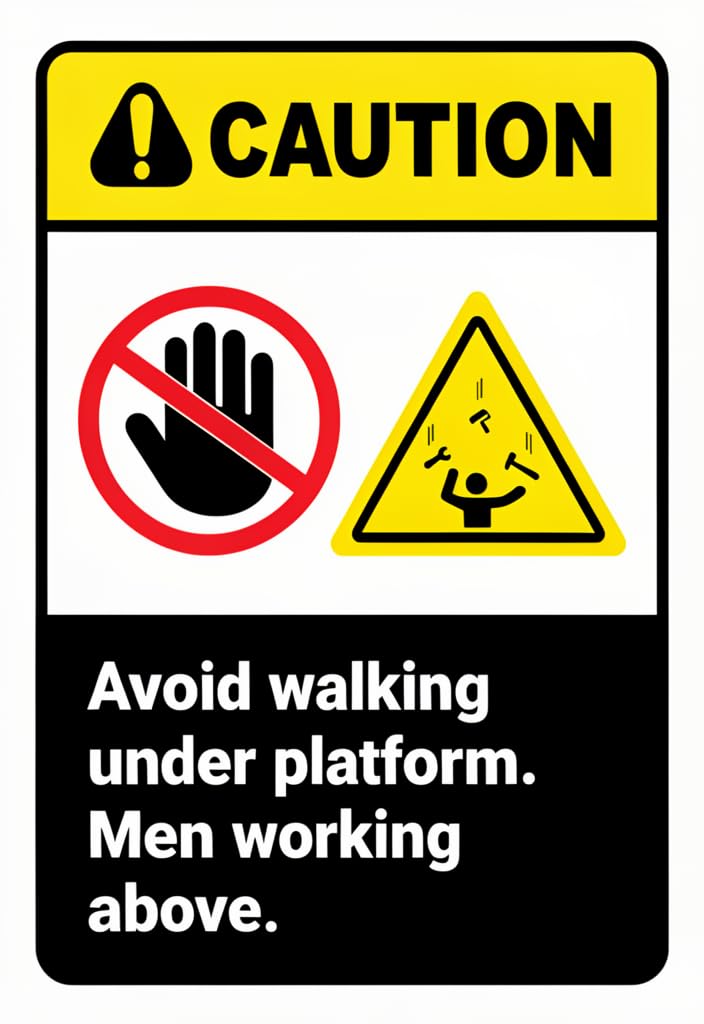 peiyeety Caution Safety Tin Sign 12x8 Inch – Avoid Walking Under Platform, Men Working Above Metal Wall Decor with Bright Yellow/Black Warning Design for Construction Site, Workshop, Garage
