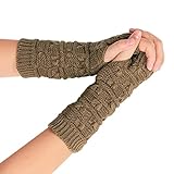 ANコミネ レディース 冬用 指なし手袋 かぎ針編み ニット アームウォーマー ミトン 親指穴付き, カーキ, One Size