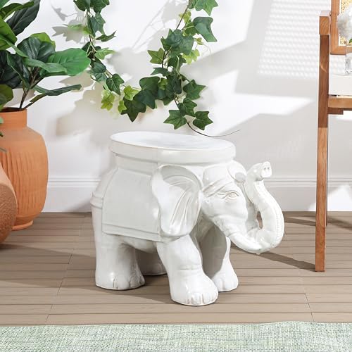 JONATHAN Y White Elephant 14.25" Glazed Ceramic Elephant Garden Stool, Weather-Resistant Indoor/Outdoor Patio Side Table and Plant Stand, Bohemian, Antique White TBL1007A by JONATHAN Y - Image 7