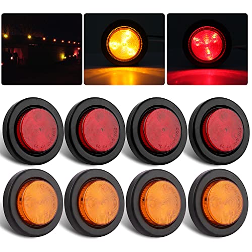 8Pcs 2 Inch Round Led Trailer Marker Lights 4 Amber + 4 Red 2 Inch Round LED Side Marker and Clearance Marker Lights 4 LED Sealed Flush Mount w/Grommets and 2 Prong Trailer Wire Pigtails Waterproof