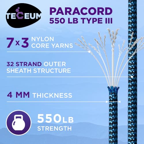 Image of TECEUM Reflective Paracord Rope 1000 - 1000ft /200ft /100ft /50ft - 40+ Colors - Glow in the Dark - para Cord - Utility Rope for Survival, Hunting & Camping Gear - Nylon String, Camping Rope, Tent Cord