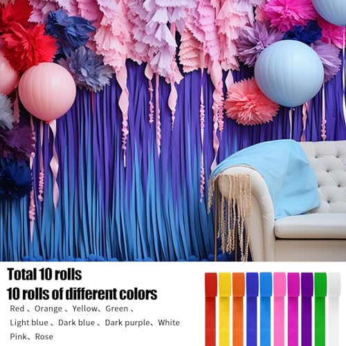 10 Rolls Crepe Paper Streamers Hanging Rainbow Streamers 10 Colors Party Crepe Paper Roll Streamer for Birthday, Wedding, and Holiday Party Decorations.
