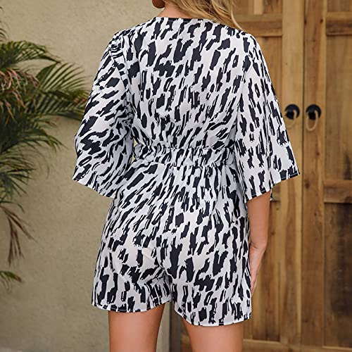 COJCOIHN Macacões femininos com decote em V profundo estampa frente nó macacão curto chiffon macacão