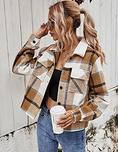 Cowoka Women's Casual Flannel Wool Blend Plaid Shacket Long Sleeve Single Breasted Button Short Jackets Coat Brown M #TOP2