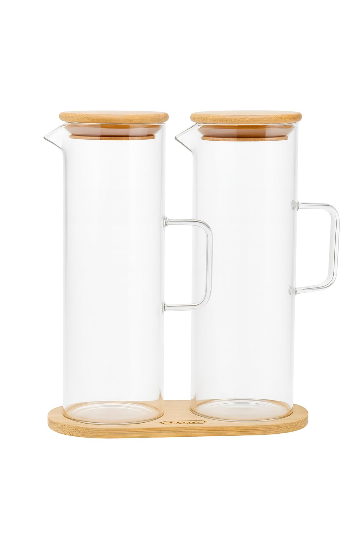 ARVALE Lavino 3 Parça 400 ml Borosilikat Yağlık - Bambu Altlık ve 2 Adet Bambu Kapaklı Cam Yağdanlık