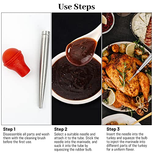 Turkey Baster Syringe for Cooking, Large Stainless Steel Meat Injector, with Cleaning Brush and 2 Marinade Needles, Red