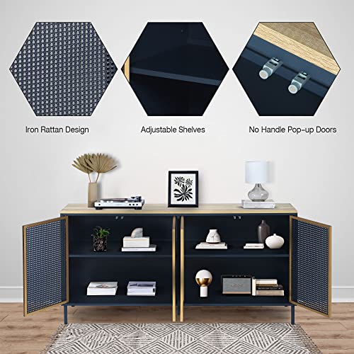 Orrd Accent Cabinet, Sideboard Buffet Cabinet Kitchen Storage Cabinet Console Televison Table With 4 Iron Rattan No Handle Pop-Up Doors And Adjustable Shelves For Living Room, Dining Room (Blue Gold) #TOP5